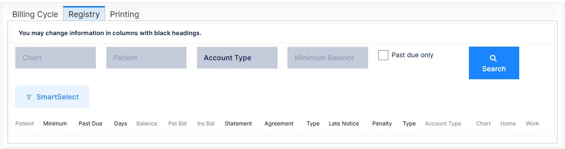 Patient Statements: the Registry tab with its filters and the statement grid