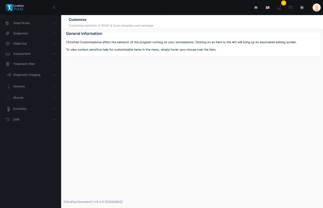 The Customization menu, grouped by the clinical screen each item customizes