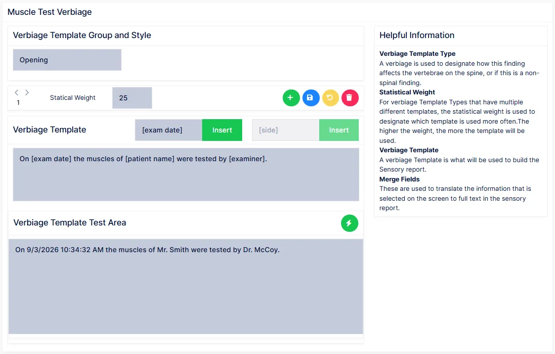 Muscle verbiage: template group and style, the template with its merge fields, and the test area