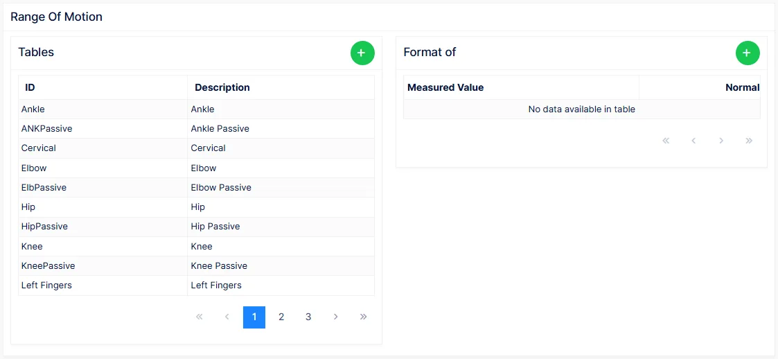 Range of Motion customization: the tables and the rows of the selected table