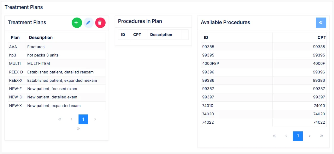 Treatment Plans: the plans, the procedures in the selected plan, and the available procedures