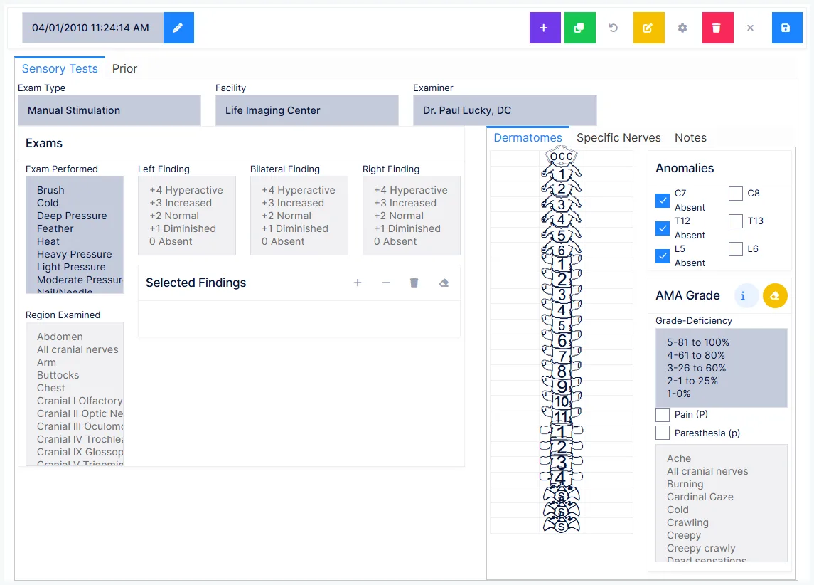 The Sensory exam screen and its test tabs
