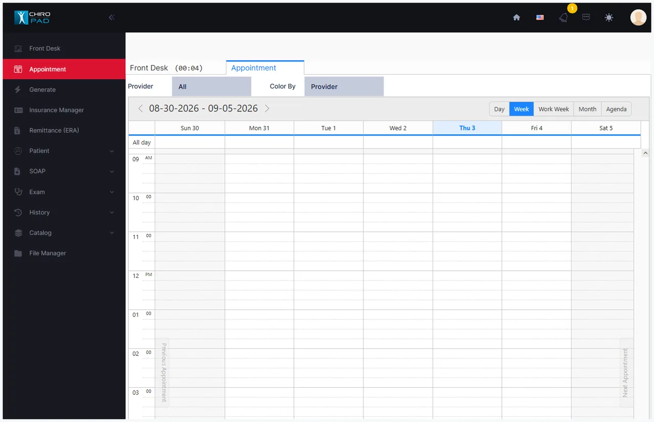 The Appointment book: one column per provider, the day as a fixed grid of slots