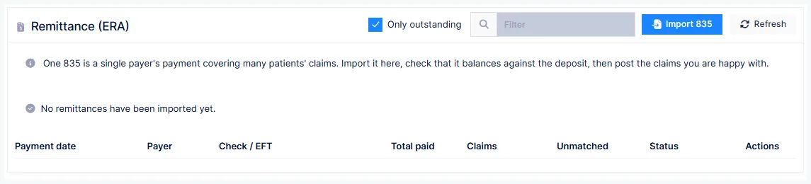 The Remittance screen listing imported 835 files