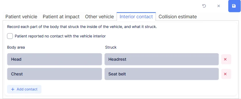 Auto Accident: the Interior contact tab, with the head against the headrest and the chest against the seat belt