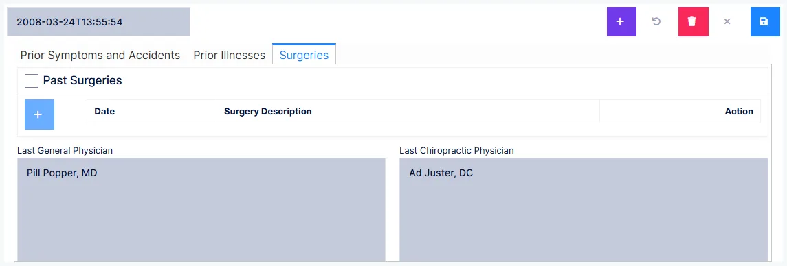 Health History: the Surgeries tab