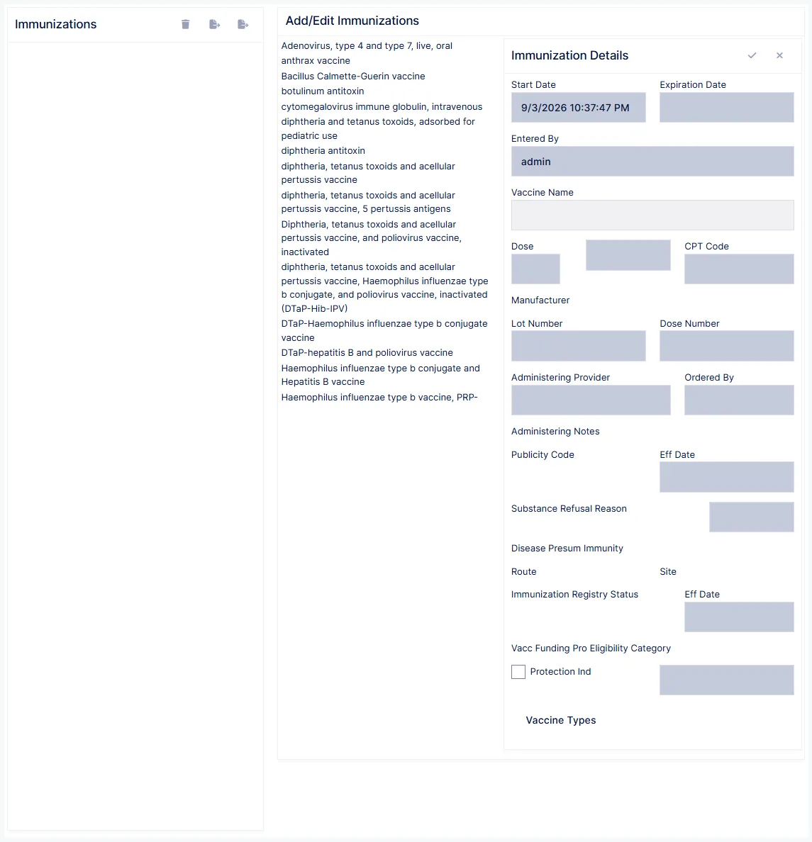 The Immunization screen