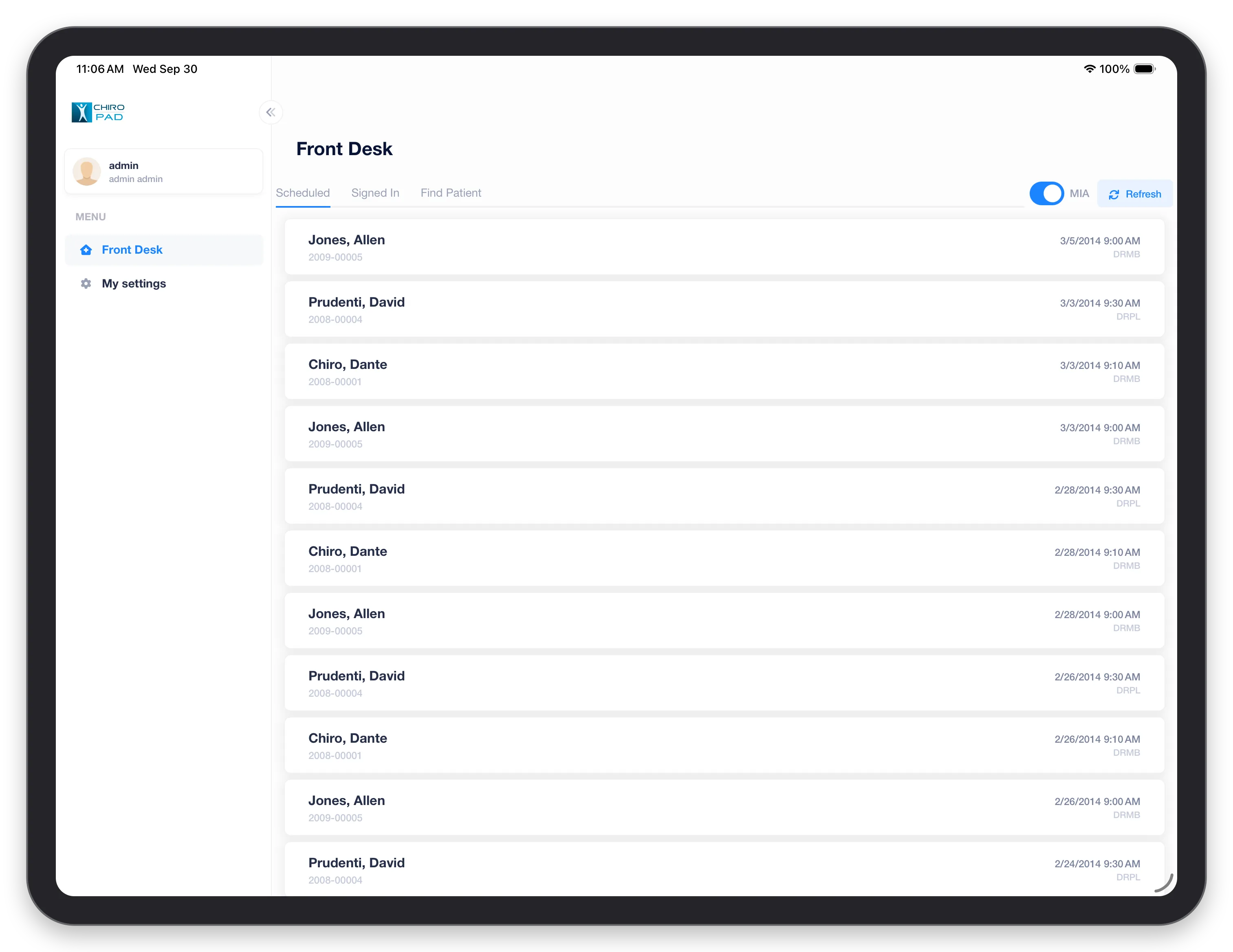 Front Desk in the mobile app: the Scheduled list with each patient's chart number, appointment time and provider