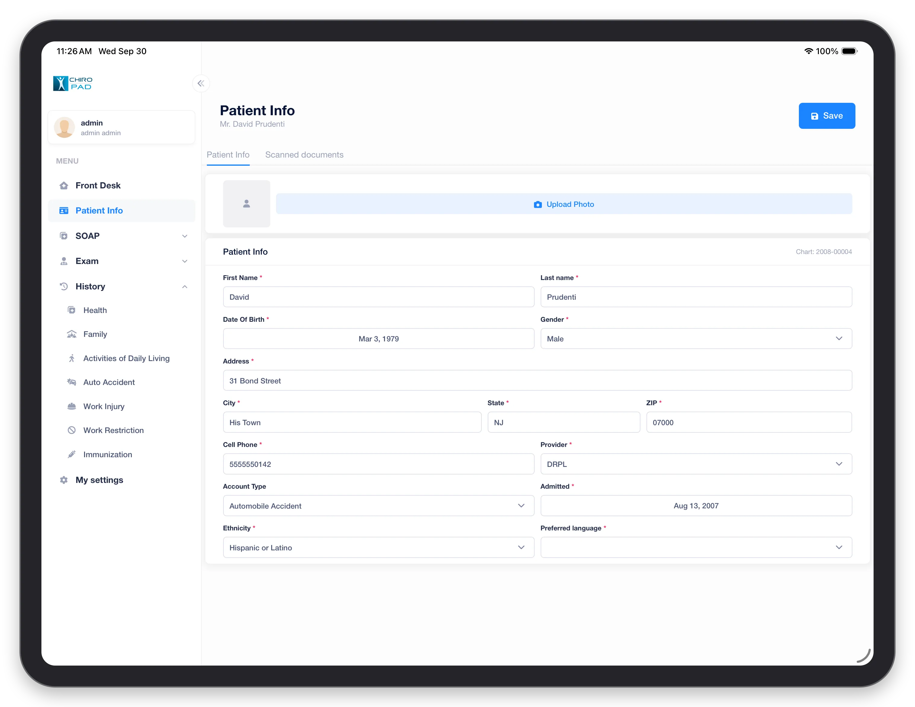 Patient Info in the mobile app: the photo panel above the patient's demographic details
