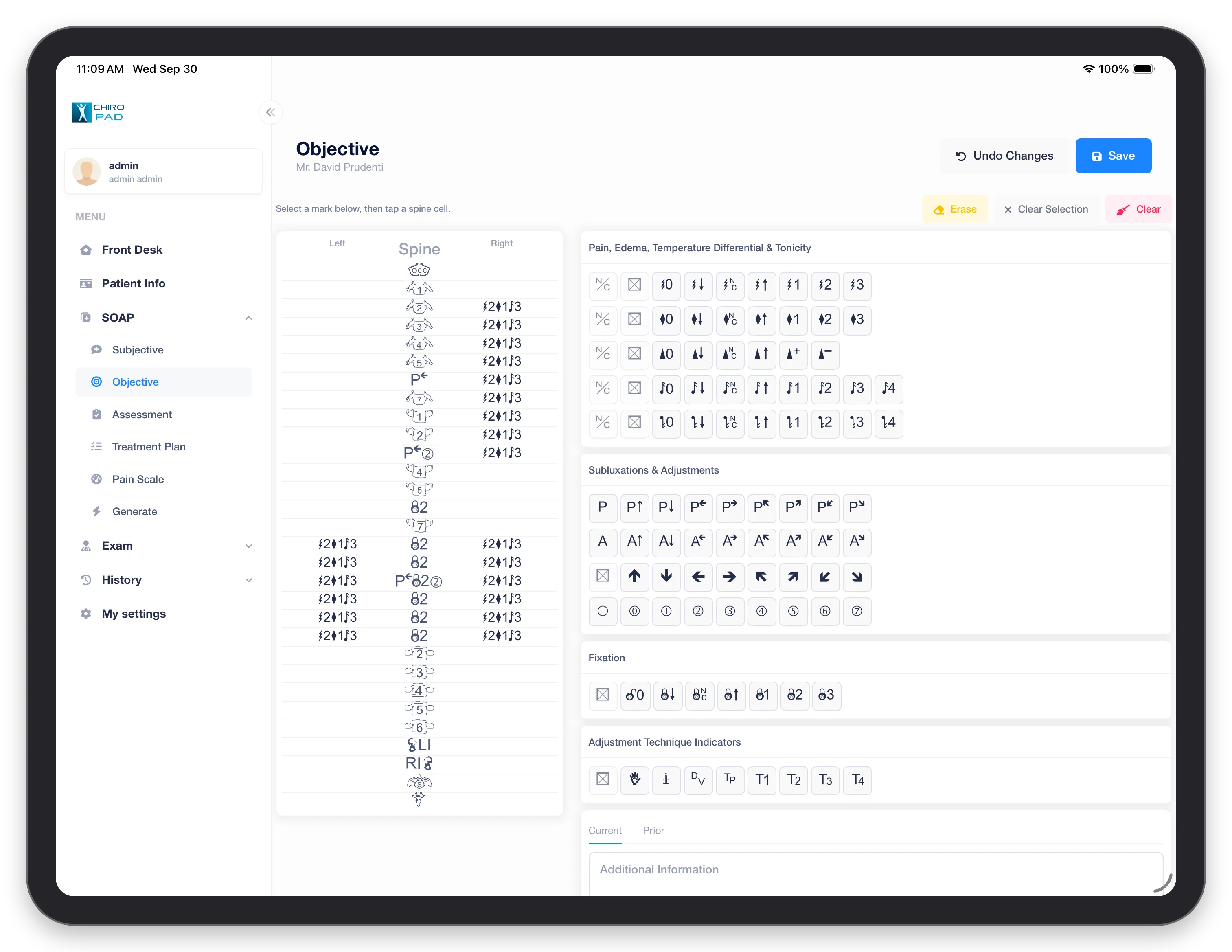 Objective in the mobile app: the spine grid on the left and the palettes of marks on the right