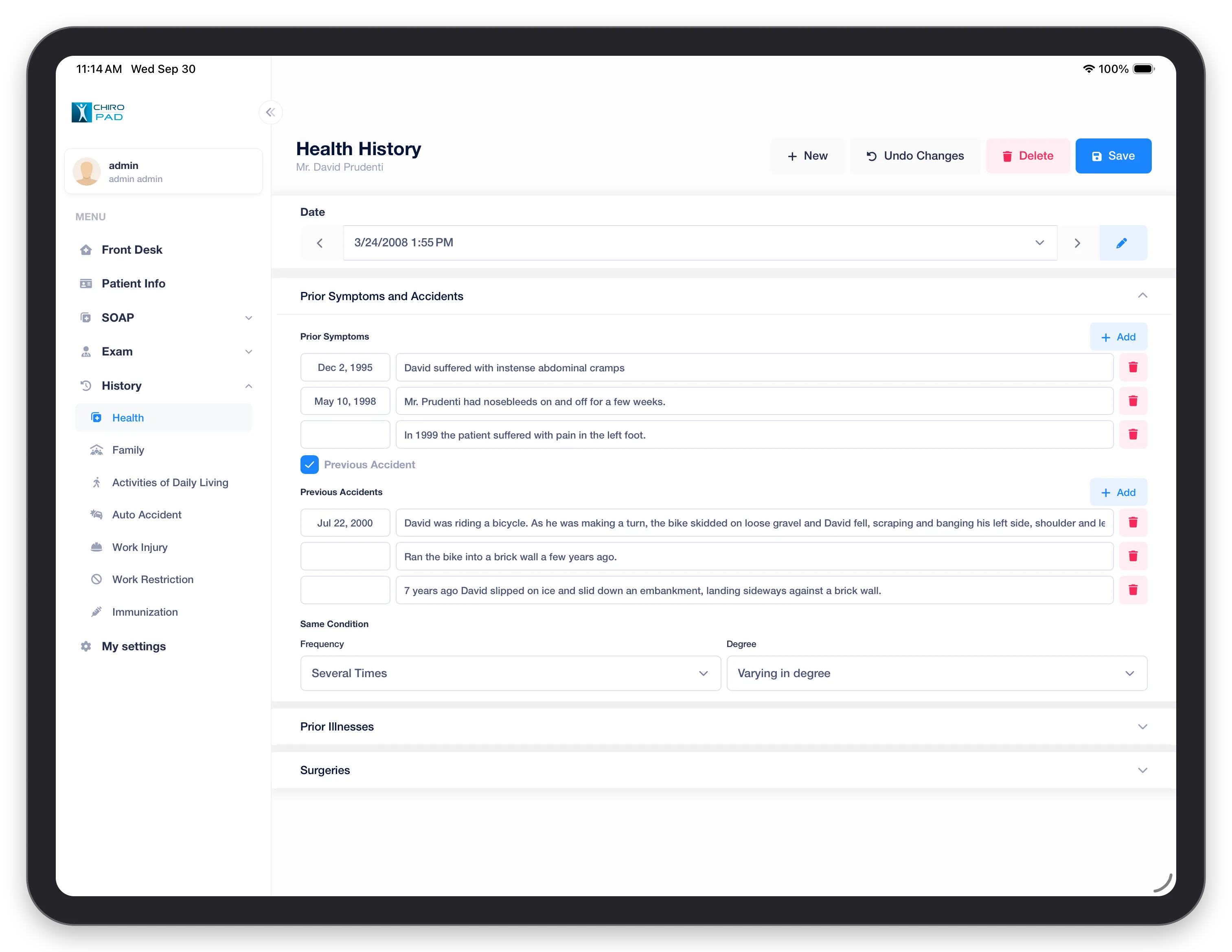 Health History in the mobile app: prior symptoms and previous accidents, each with a date