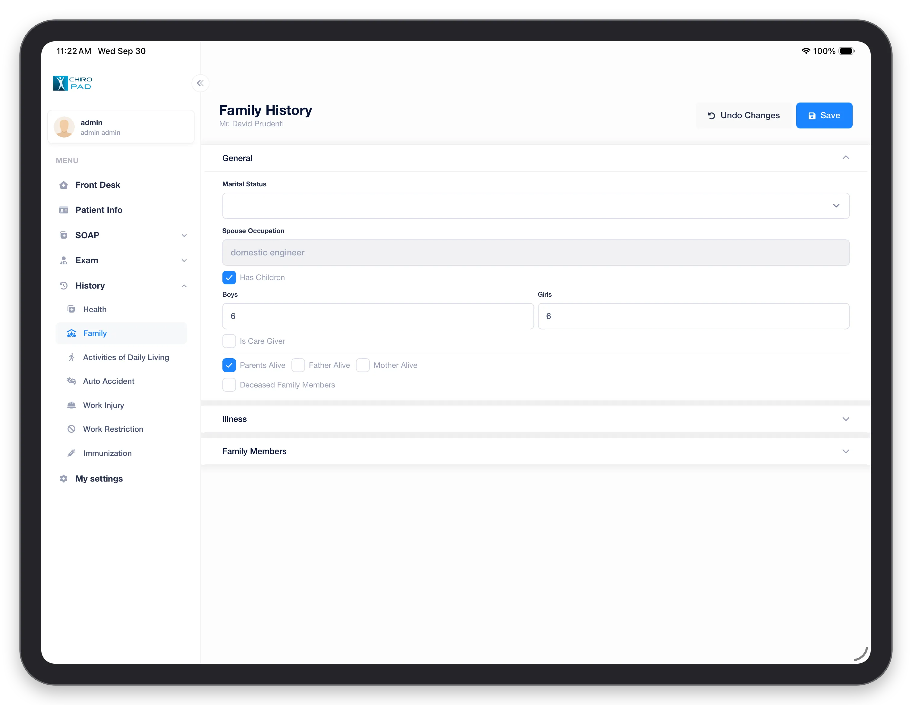 Family History in the mobile app: marital status, spouse's occupation, children and parents