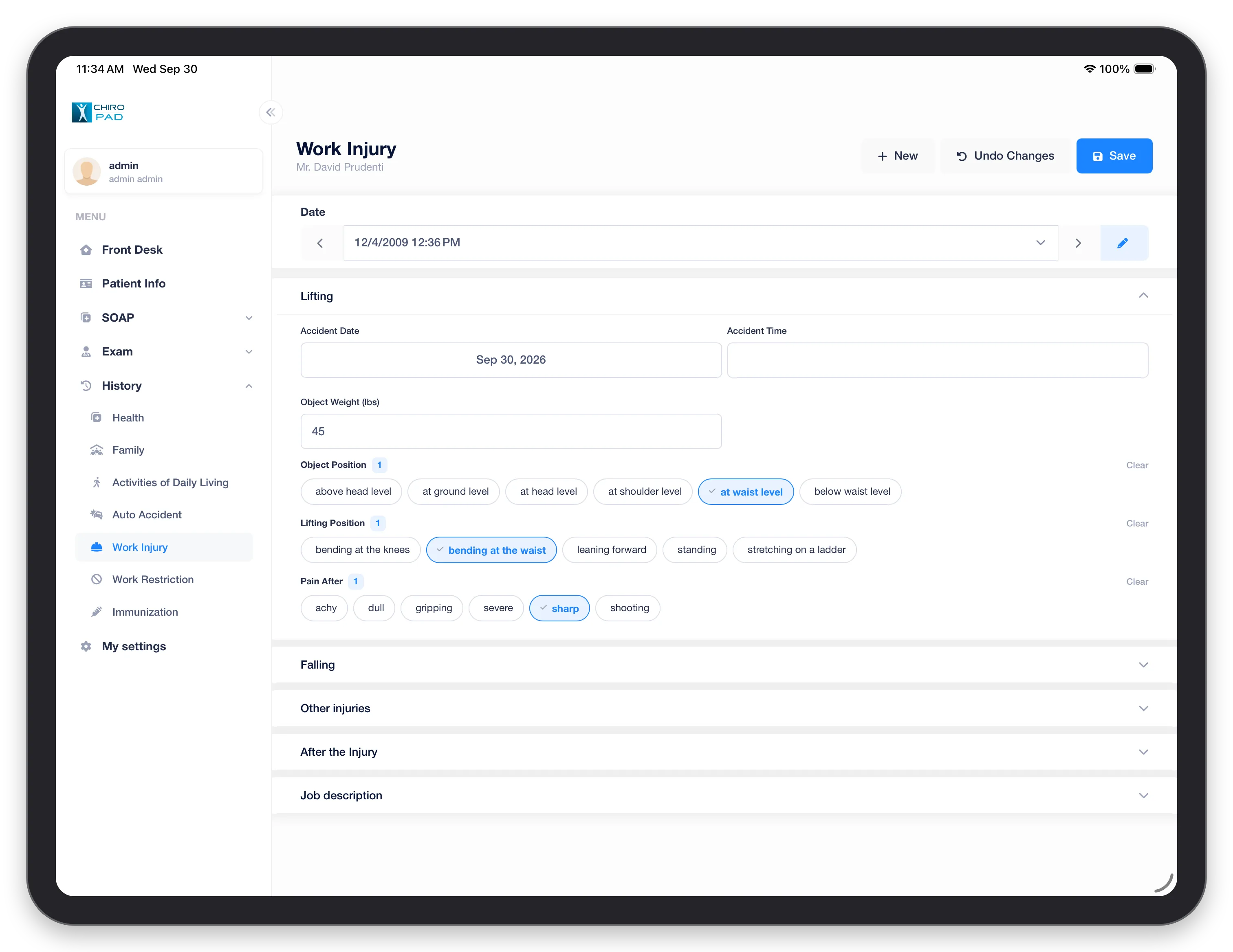 Work Injury in the mobile app: the Lifting section, with the object's weight and position