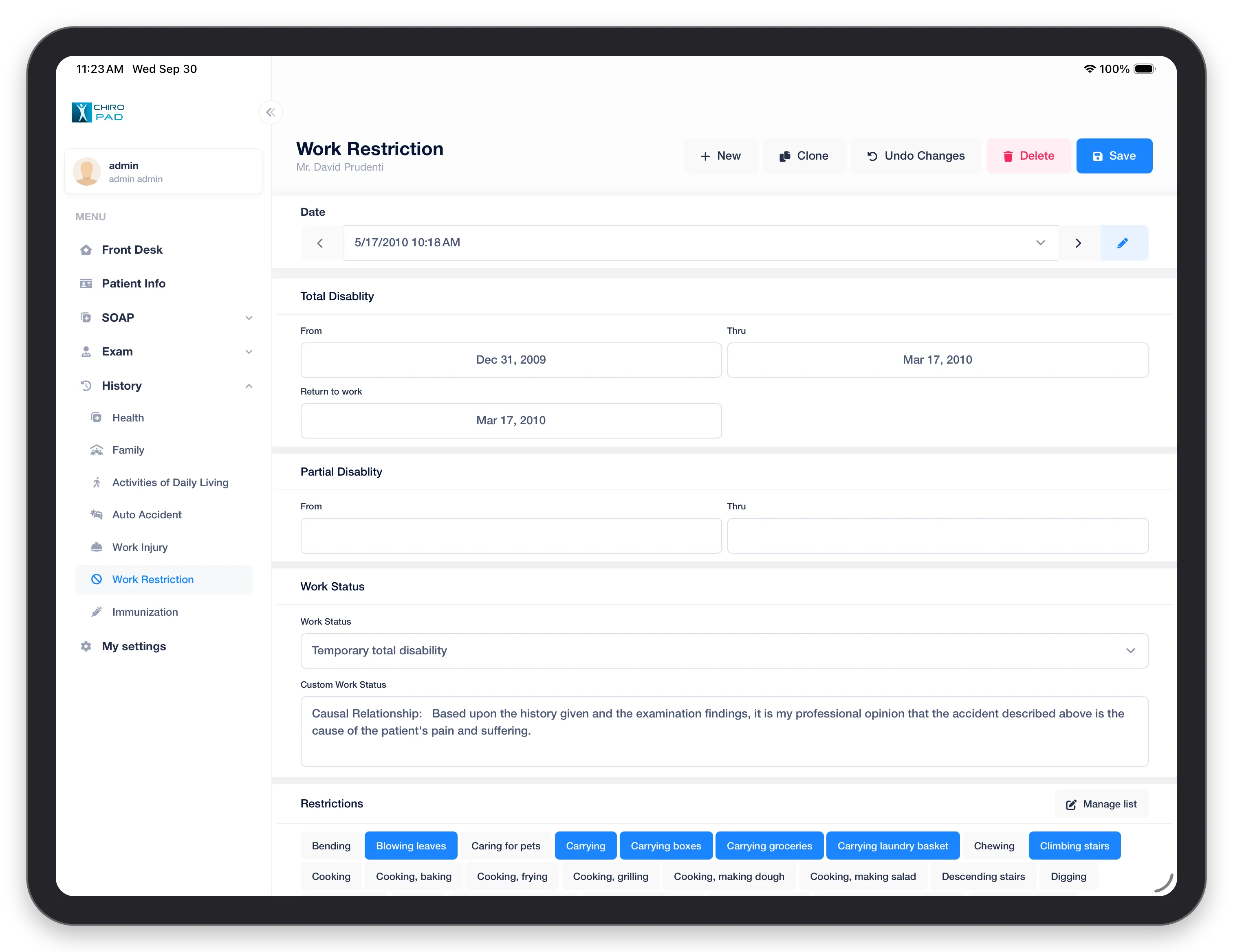 Work Restriction in the mobile app: the disability dates, work status and restrictions