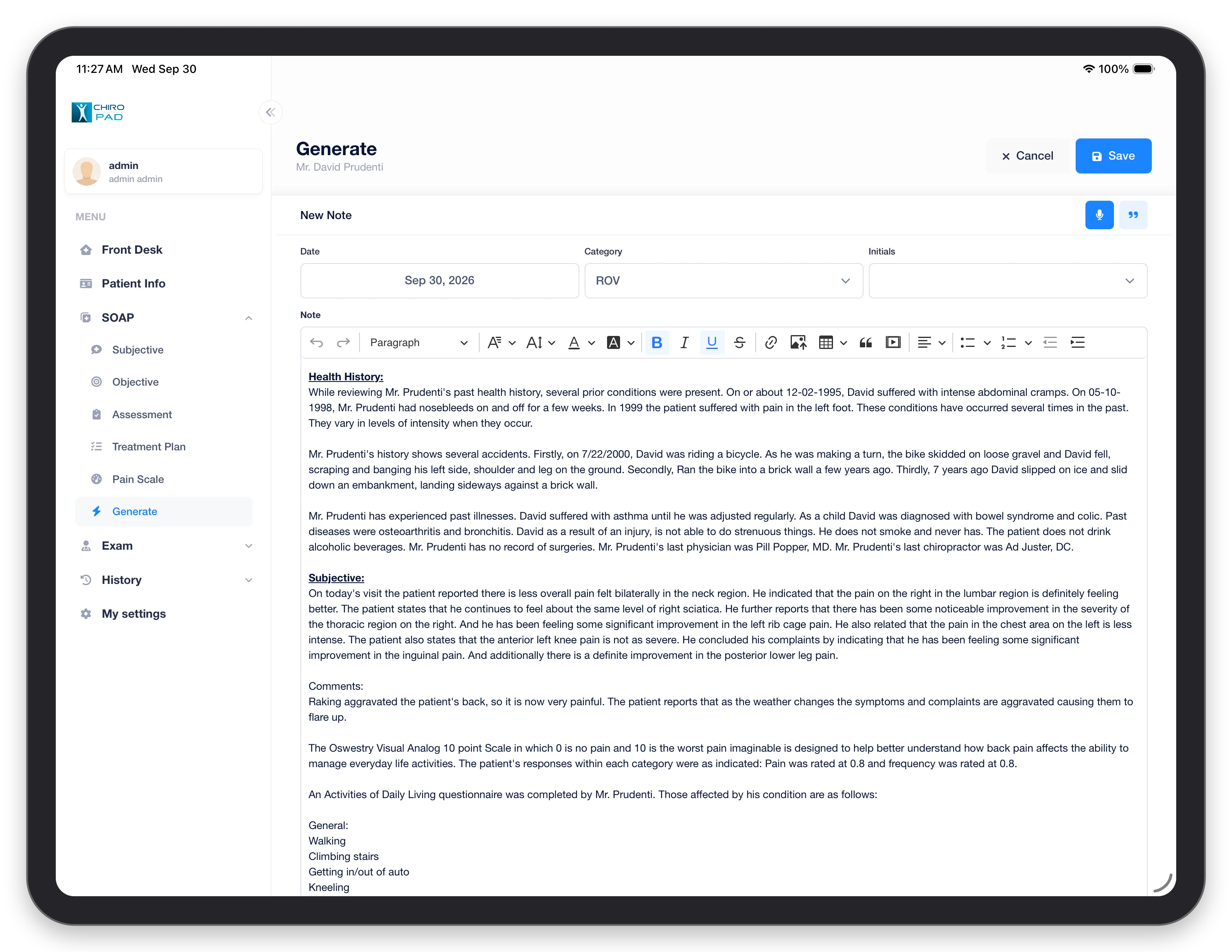 Generate in the mobile app: a new note with its date and category above the text editor