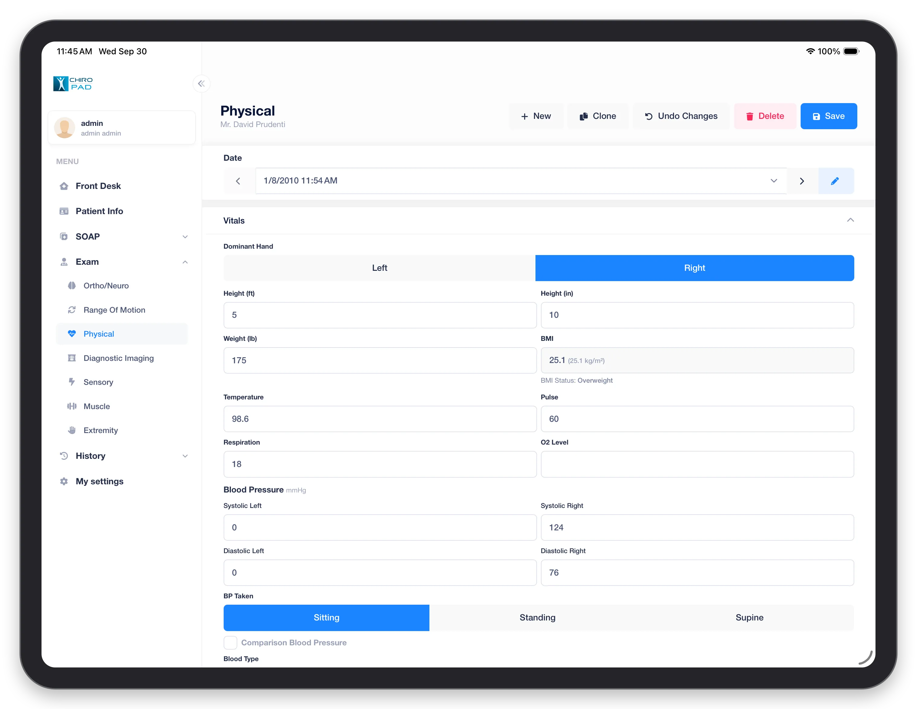 Physical in the mobile app: the patient's vitals and blood pressure