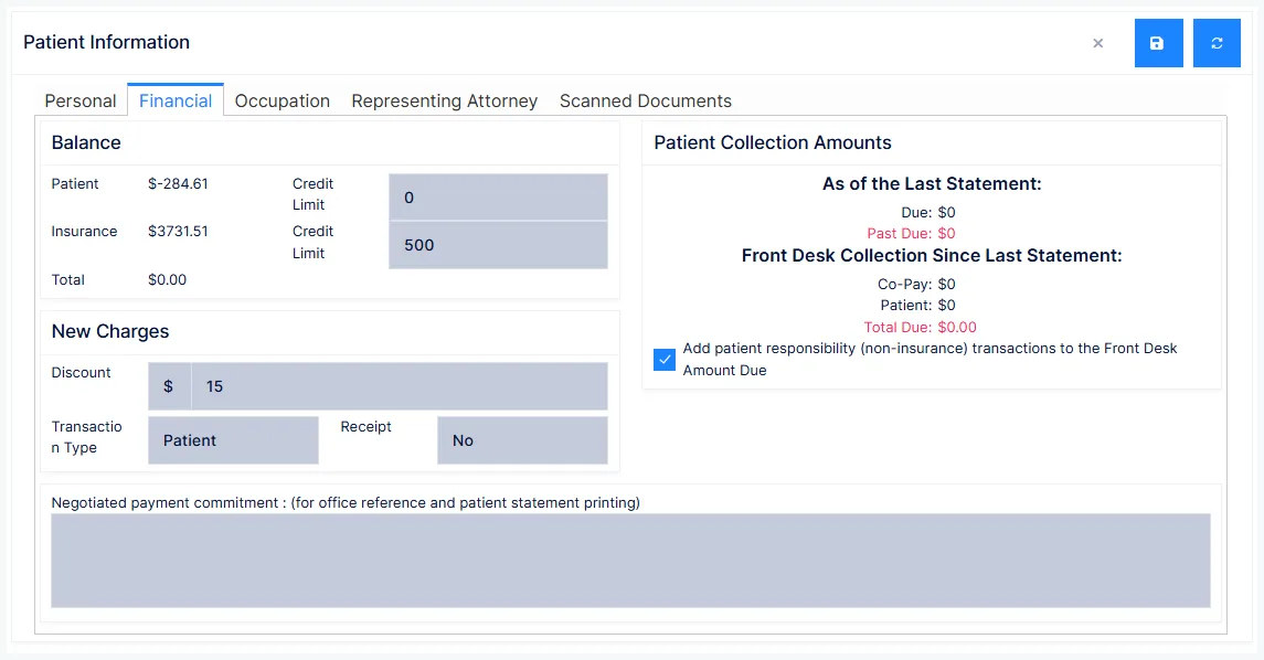 Patient Information: the Financial tab