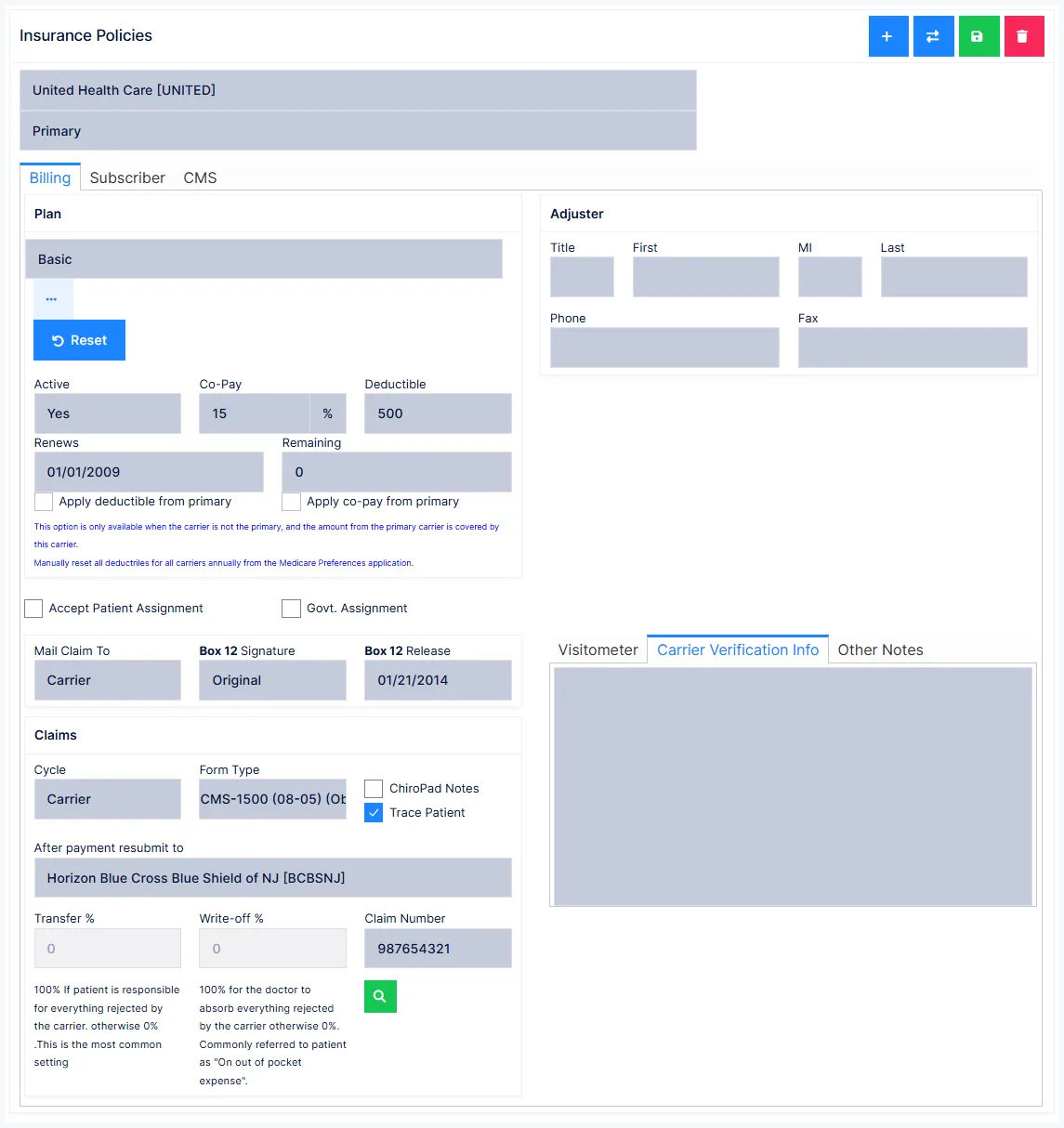 Patient Policies: the Carrier Verification Info tab