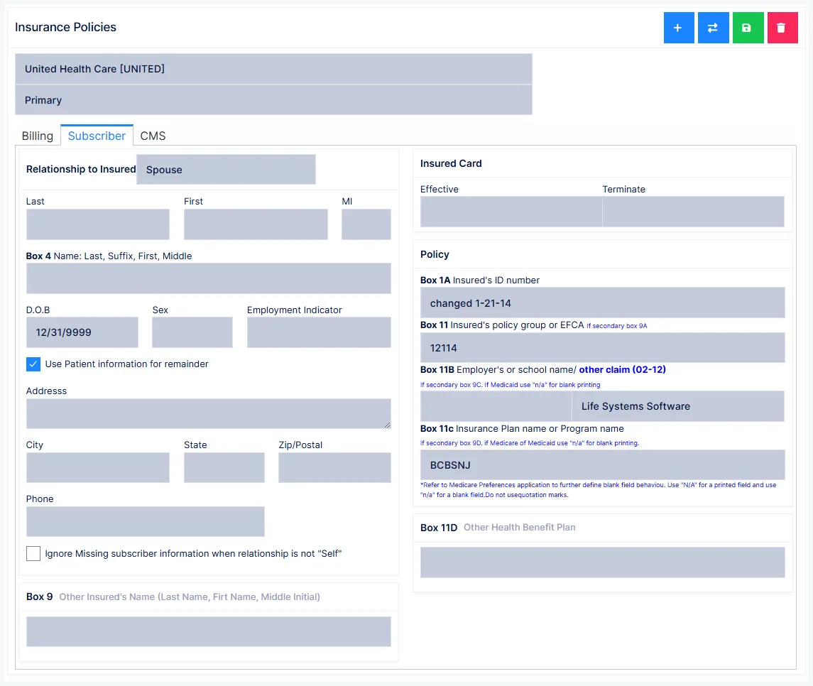 Patient Policies: the Subscriber tab