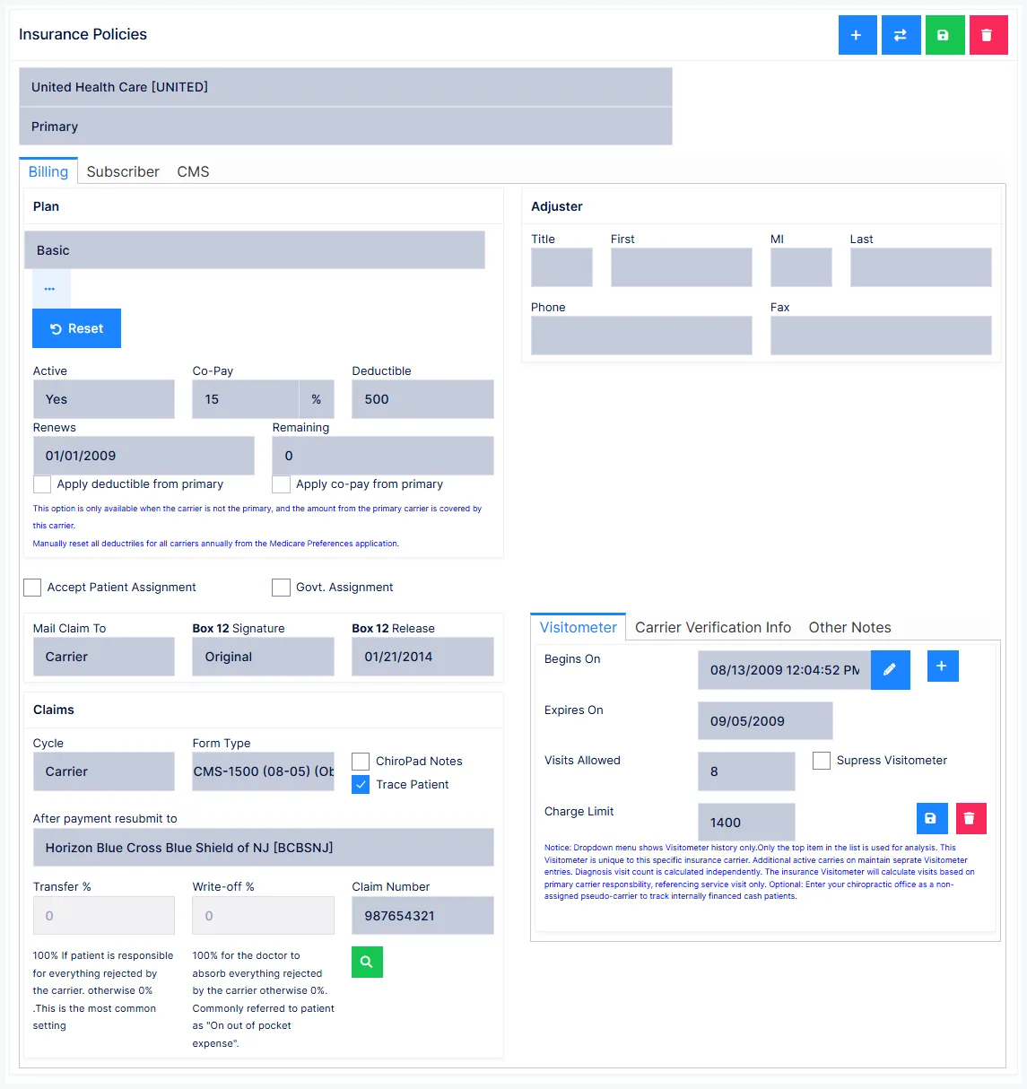 Patient Policies: the carriers on file and the selected policy's tabs