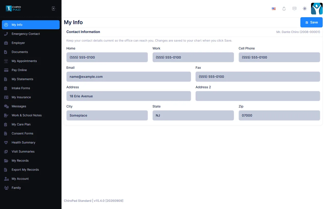 The Patient Portal as a patient sees it, with the whole menu down the left
