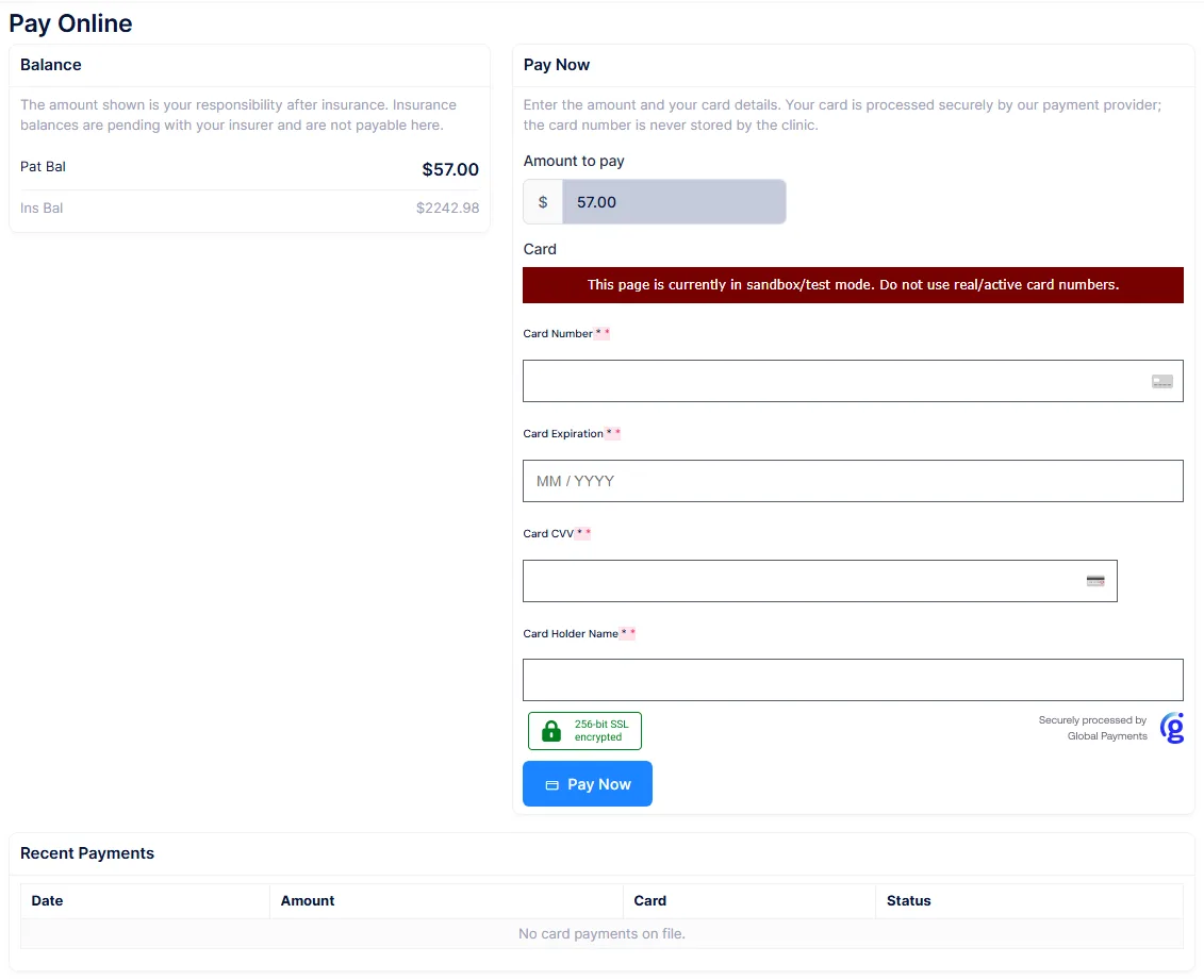 Portal Pay Online, in sandbox mode