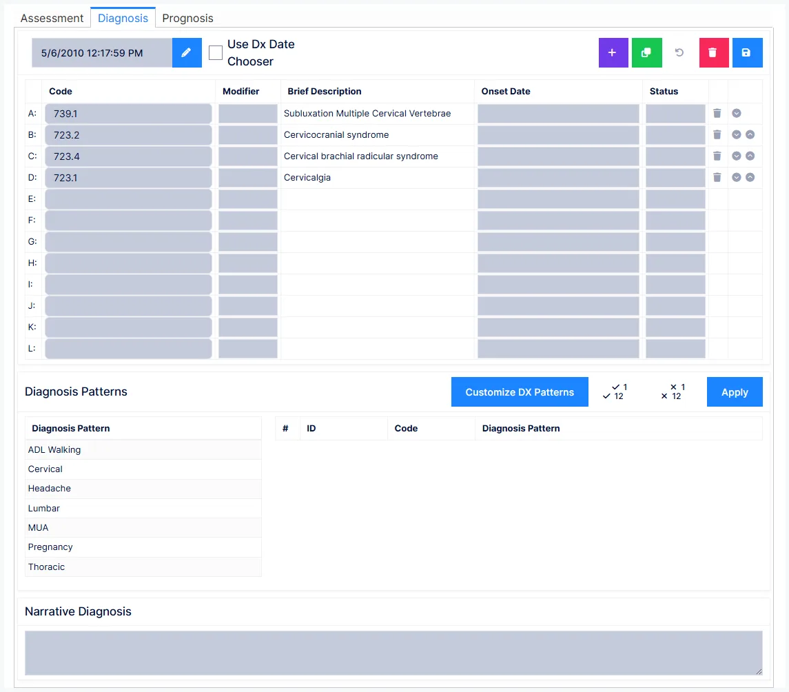Assessment: the Diagnosis tab, with the diagnosis list and patterns