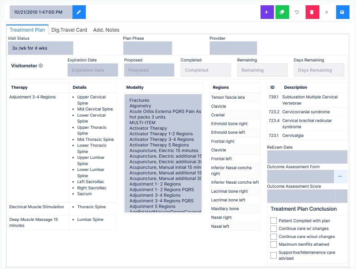 The Treatment Plan screen: the header, modalities and regions